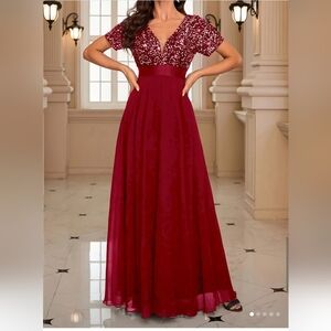 Elegant Burgundy Sequin High Waist Evening Gown